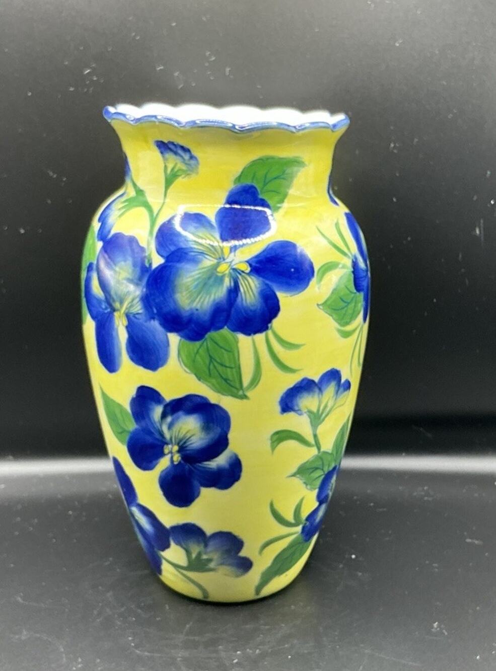 Andrea by Sadek Hand Painted Floral Yellow and Blue Pansy Porcelain Vase 8”